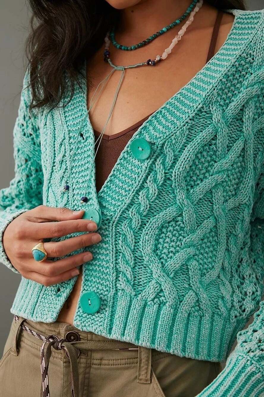 Anthropologie Pilcro Mint Green Cable-Knit V-Neck Cardigan